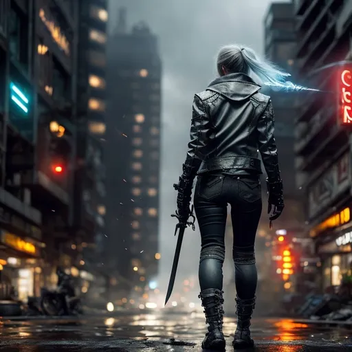 Prompt: A woman, 30, Seraphina, full body image, with ice blue eyes, darker grey hair with light silver highlights, beautiful, black leather combat boots, jeans, a black biker jacket, a sword strapped across her back, in a grungy urban cyberpunk cityscape, lightening shoots and surrounds her sword, photorealistic, 8k, fantasy digital art, HDR, UHD, Cinematic Lighting, ethereal light, intricate details, extremely detailed, incredible details, full colored, complex details, insanely detailed and intricate, hyper maximalist, extremely detailed with rich colors. masterpiece, best quality,