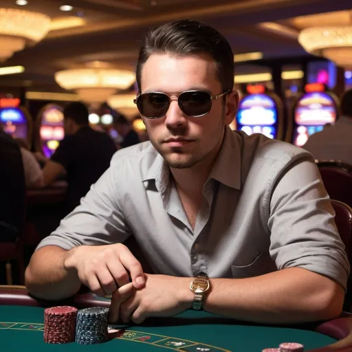 Prompt: Me in casino playing texas hold em, use my profile picture. Put sunglasses