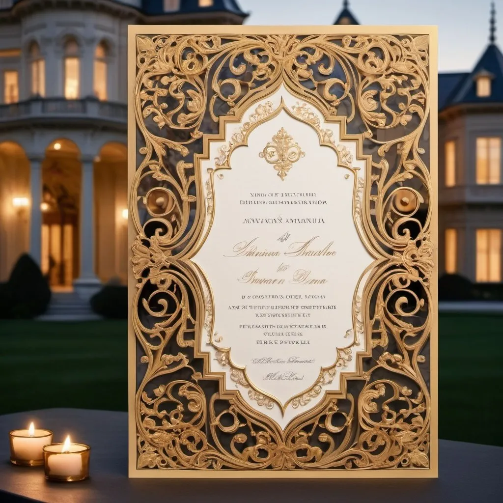 Prompt: An ornate, golden invitation card with elegant, swirling calligraphy, set against a backdrop of a grand mansion exterior at dusk.