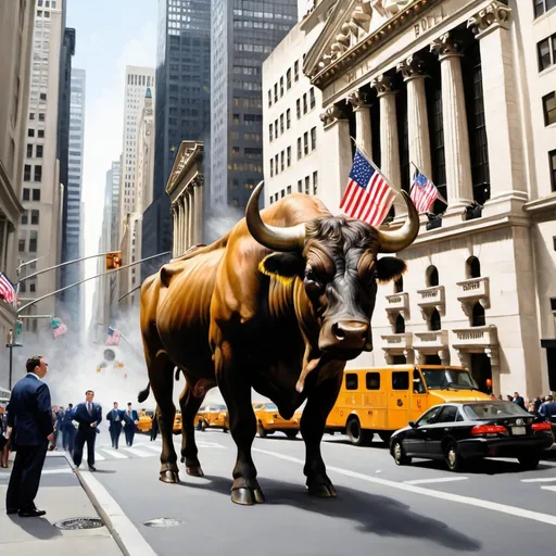 Prompt: Oil painting of the bull on Wall Street 
