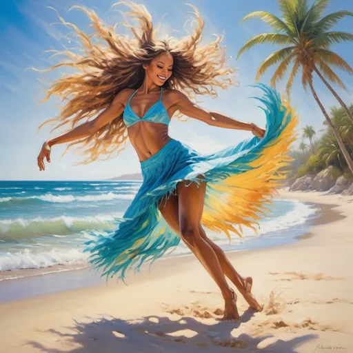 Prompt: (beach dancer), vibrant colors, lively movement, (joyful atmosphere), sun-soaked, waves crashing in the background, golden sandy beach, dynamic pose, flowing hair, soft sunlight illuminating the scene, (ultra-detailed), serene blue skies, exhilarating energy, tropical palm trees fringing the beach, emphasizing freedom and rhythm in dance.