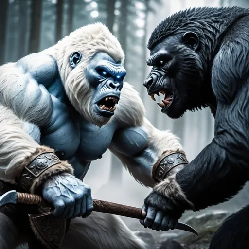 Prompt: Giant white gorilla with completely black eyes, nordic axe, fighting against a giant black bear with blue eyes, viking helmet, high quality, detailed fur, epic battle, mythical, fantasy, cool tones, dramatic lighting, nordic theme, powerful, intense fight, animalistic, viking warrior