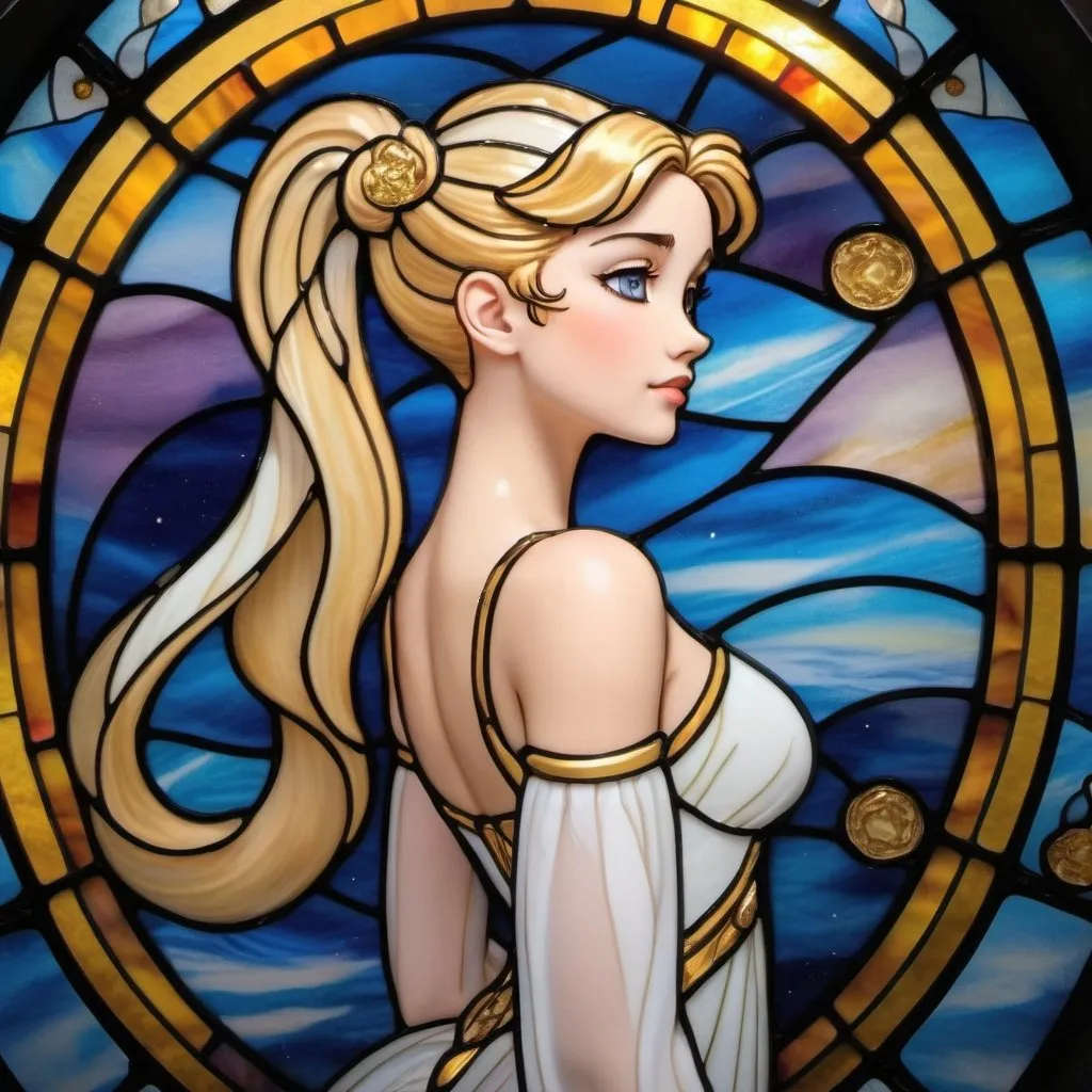 Prompt: Princess serenity with her two floor length ponytails flowing.  A bun at the top where each ponytail connects to her head.  Golden hair.  Empire waist white floor length full dress.