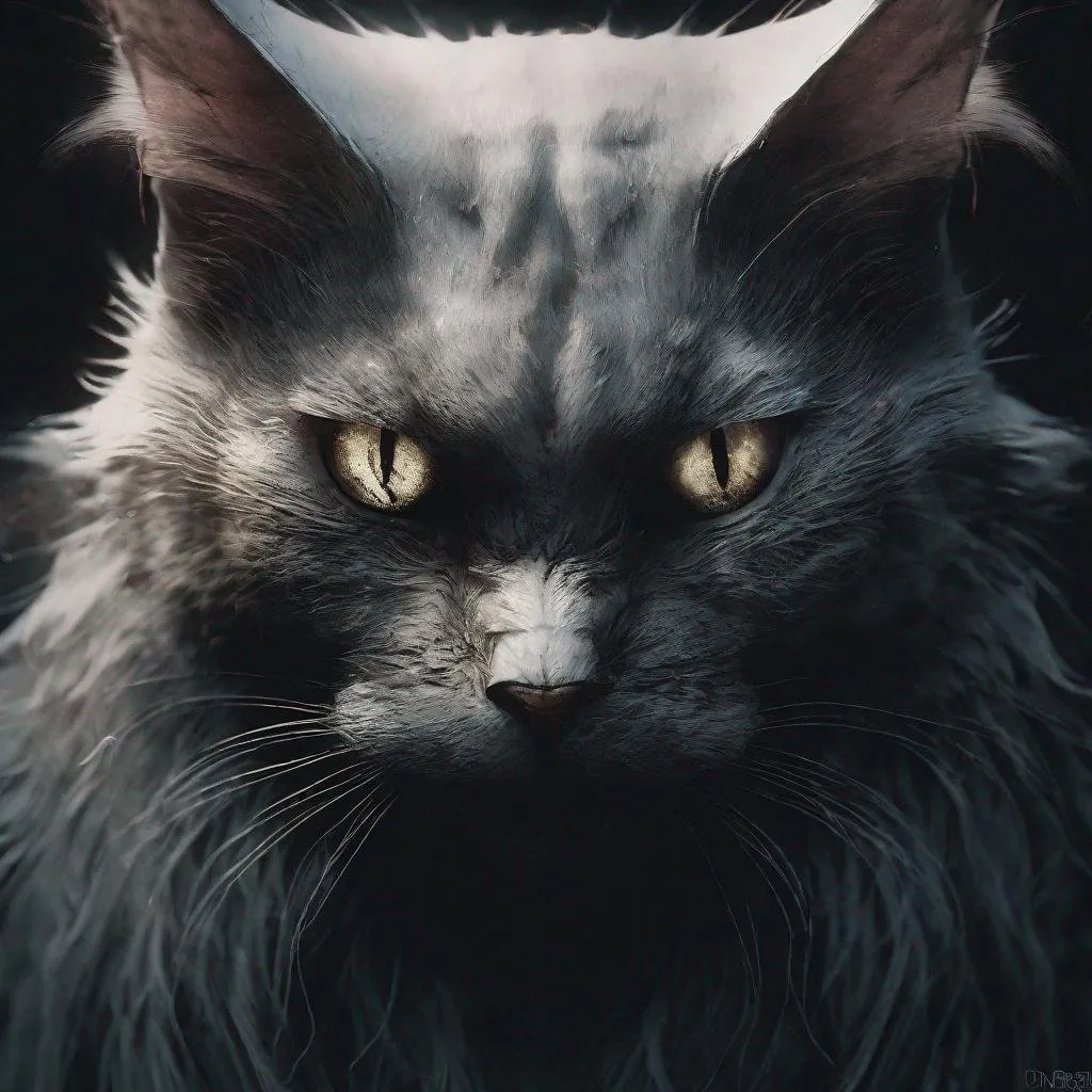 Prompt: Unholy cat, dark and sinister, glowing eyes, eerie atmosphere, highres, detailed fur, demonic, intense gaze, surreal, haunting, dark tones, mystical lighting