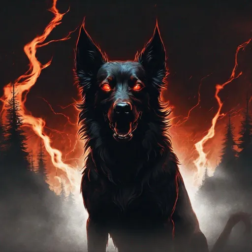 Prompt: Unholy, demonic dog with fiery eyes, dark and eerie atmosphere, hellish landscape, menacing silhouette, high quality, digital art, dark tones, fiery lighting, menacing presence, detailed fur, sinister, haunting, hellfire, demonic, intense gaze, ominous, mysterious, atmospheric lighting