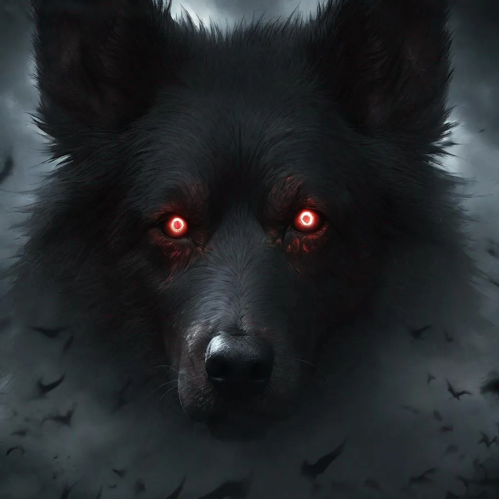 Prompt: Unholy dog, dark and ominous, supernatural creature, demonic details, eerie atmosphere, high contrast, haunting, sinister, mystical, surreal, glowing eyes, eerie lighting, best quality, highres, detailed fur, dark fantasy, atmospheric, creepy, otherworldly, intense gaze, menacing, ominous shadows, supernatural, malevolent presence