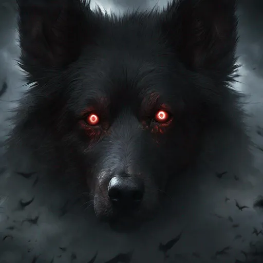 Prompt: Unholy dog, dark and ominous, supernatural creature, demonic details, eerie atmosphere, high contrast, haunting, sinister, mystical, surreal, glowing eyes, eerie lighting, best quality, highres, detailed fur, dark fantasy, atmospheric, creepy, otherworldly, intense gaze, menacing, ominous shadows, supernatural, malevolent presence