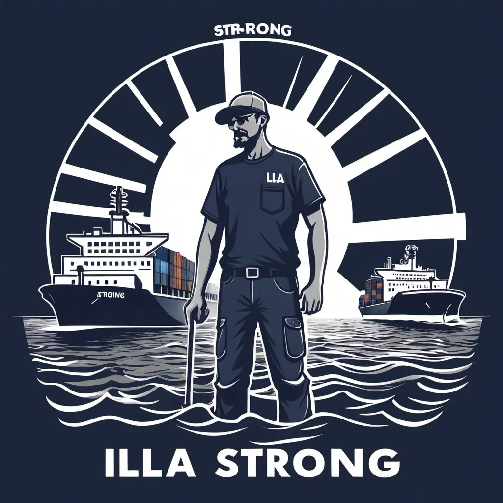 Prompt: one color "ILA STRONG" t-shirt design
#longshorman #dockworker #ports #containership