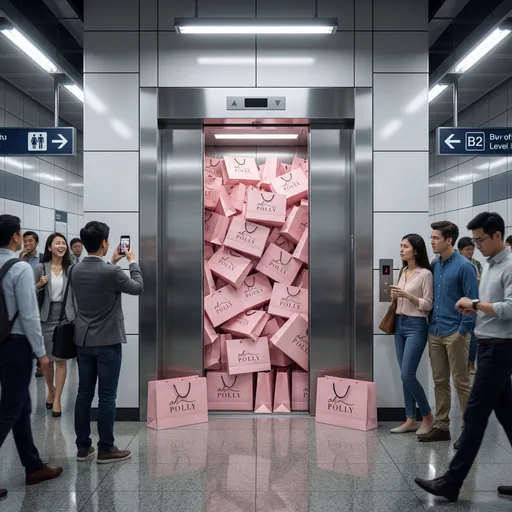 Prompt: Photorealistic scene of a modern underground station elevator (lift) jammed full of Oh Polly Bags. The elevator doors are half open, struggling to close because the interior is completely packed with many copies of the exact same pink Oh Polly gift bag from the reference image, no alterations to the design at all. Some bags spill slightly out toward the platform, pressing against the doorway. Outside the lift, several commuters stand around reacting naturally: a few looking surprised or amused, others just waiting, checking their phones or walking by, not posed. The station surroundings include tiled walls, signage with arrows and level numbers, stainless-steel elevator frame, overhead fluorescent lights, and a slightly reflective floor. Realistic perspective and proportions, soft but accurate shadows, ultra-high-resolution, crisp detail, cinematic yet documentary-style realism.