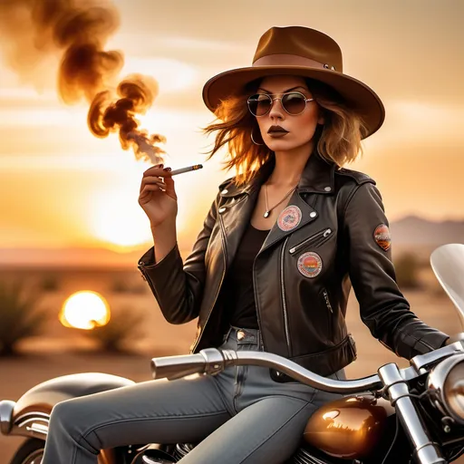 Prompt: Biker chick of the 70's smoking a doobie, rebellious spirit, vibrant leather jacket with patches, bold hairstyle, wide-brimmed hat, serene expression, hazy smoke swirling around, retro motorcycle parked nearby, desert landscape in the background with warm, golden sunset hues, carefree vibes, ultra-detailed, cinematic composition, capturing the essence of freedom and the counterculture movement.oil painting