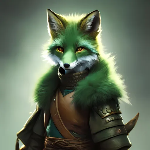 Prompt: D&D an anthropomorphic fox warrior, green fur, digital painting, cinematic, unreal engine, octane render, 8k