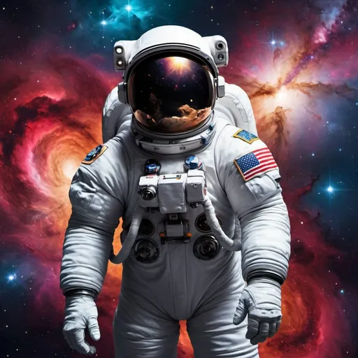 Prompt: Galaxy with astronaut in center, cosmic space art, high quality, realistic, deep space, astronaut suit, cosmic dust, detailed stars, vibrant nebulas, breathtaking view, highres, ultra-detailed, cosmic, space art, realistic, astronaut, galaxy, vibrant colors, detailed stars, breathtaking, deep space, cosmic dust, astronaut suit, realistic lighting
