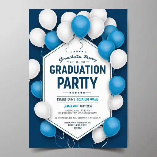 Prompt: a graduation party invitation flyer with no people with blue and white balloons