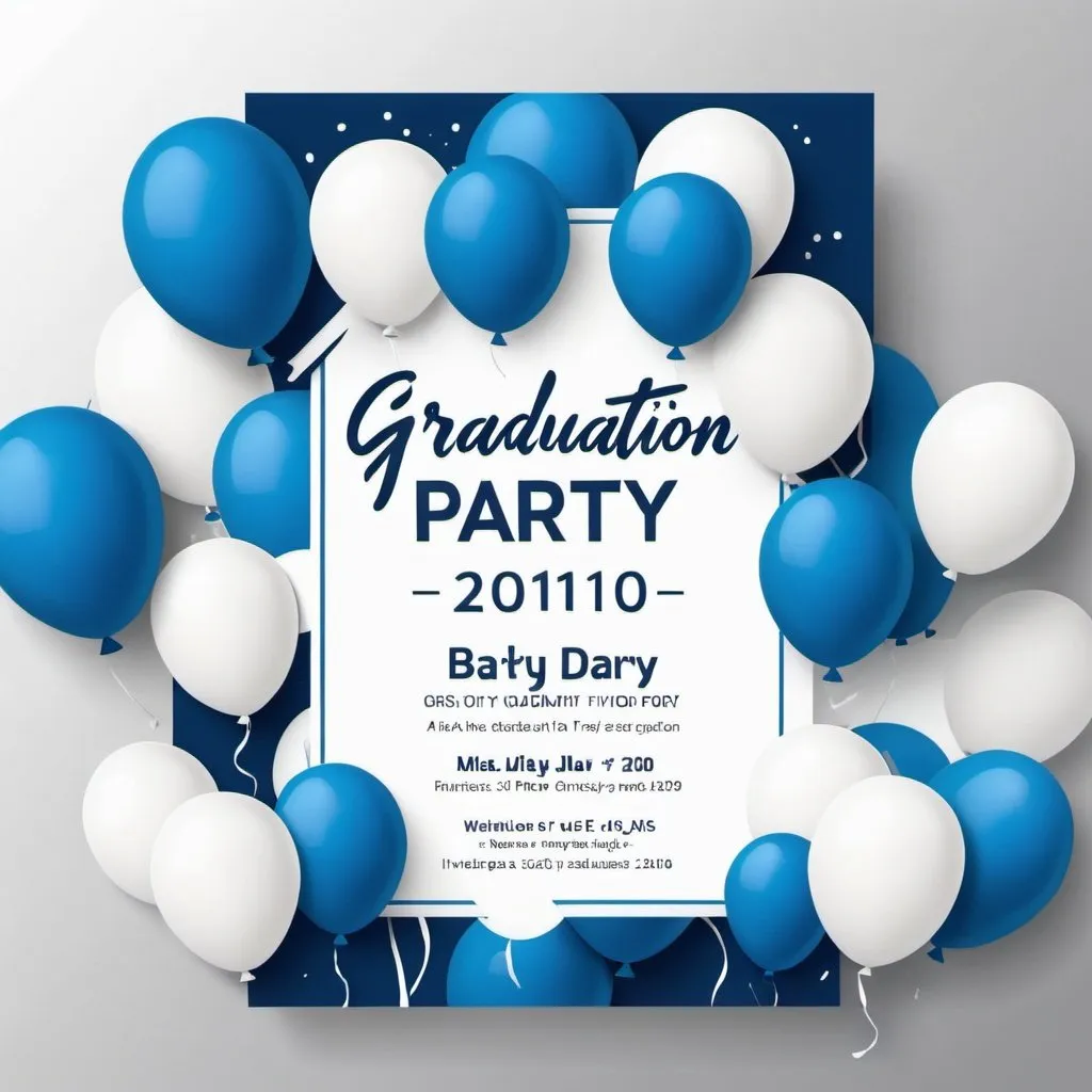 Prompt: a graduation party invitation flyer with no people with blue and white balloons