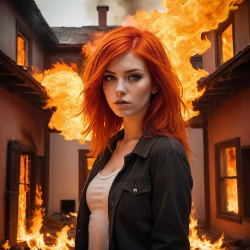 Prompt: Pretty girl with fire red and orange hair, standing in the middle of a flaming house, intense and dramatic, high-quality, detailed, fiery, horror, vibrant red and orange tones, engulfed in flames, burning building, fiery hair, intense expression, dramatic lighting