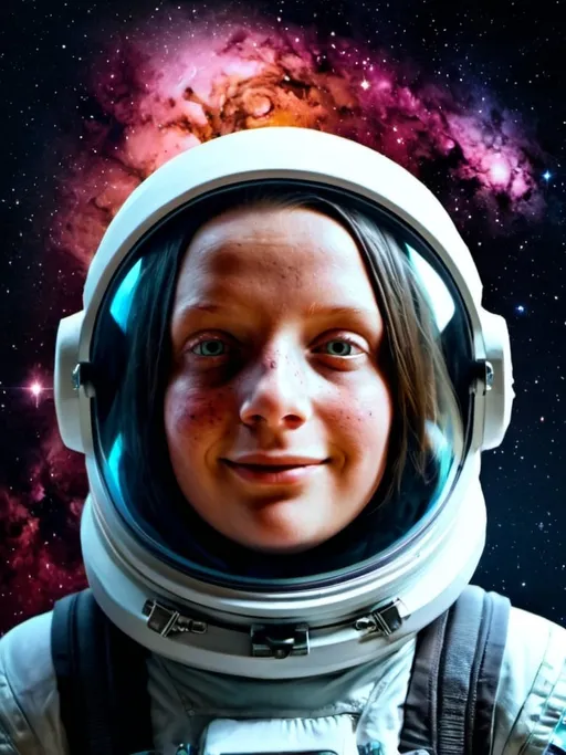 Prompt: Galaxy with a girl astronaut in center, cosmic space art, high quality, realistic, deep space, astronaut suit, cosmic dust, detailed stars, vibrant nebulas, breathtaking view, highres, ultra-detailed, cosmic, space art, realistic, astronaut, galaxy, vibrant colors, detailed stars, breathtaking, deep space, cosmic dust, astronaut suit, realistic lighting