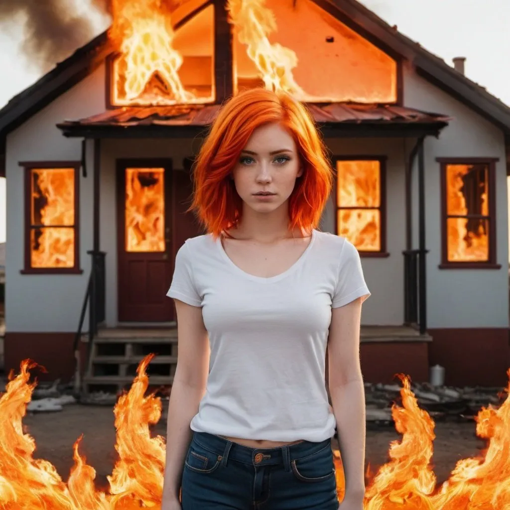 Prompt: a pretty girl with fire red and orange  hair and is standing in the middle of a flaming house