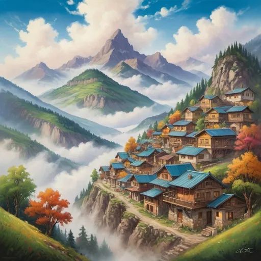 Prompt: Mountain town beneath the clouds, traditional landscape painting, picturesque town, misty clouds, vibrant colors, detailed mountain peaks, scenic beauty, high quality, traditional painting, picturesque, detailed clouds, serene atmosphere, colorful, natural lighting
