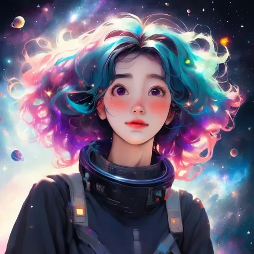 Prompt: a girl with galaxy hair and is in the middle of space.