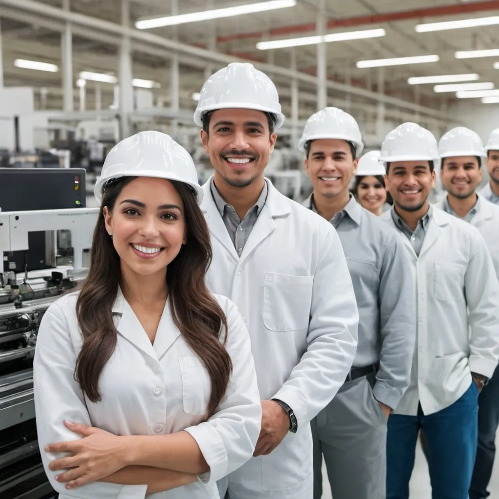 Prompt: ai image  happy hispanic men and women in a manufacturing facility.

 
