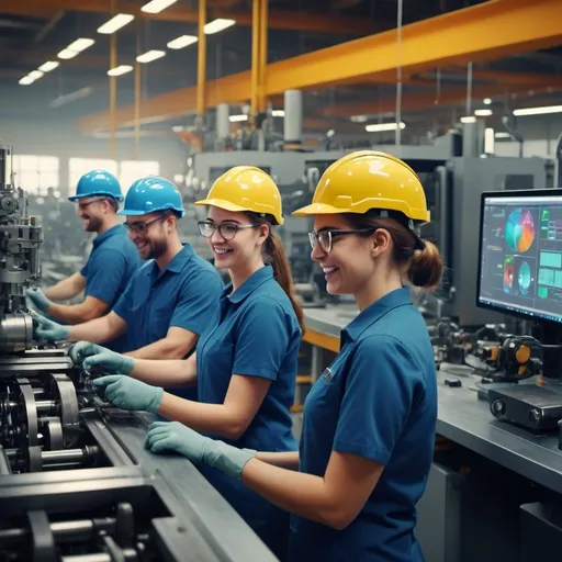 Prompt: ai image creator happy manufacturing employees
