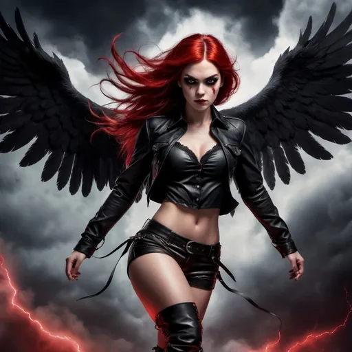 Prompt: a Valkyrie mid air with black wings and eyes,blood red hair.wearing a black laced shirt and leather shorts.a dark cloud behind her creating an ominous and dark effect