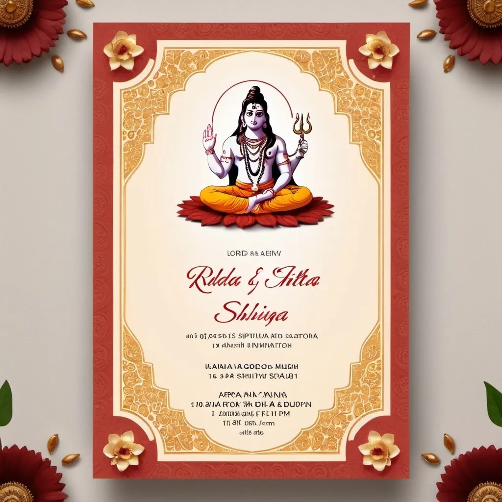 Prompt: Create an invitation card image for a Rudhra Abhishek Pooja ceremony. 

A serene and spiritual image of Lord Shiva shivling with a subtle temple or mandir design. 

Golden-colored text with the following details:

F-1403, Aparna Silver Oaks
Date: 10th August 2024
Time: 10 am - 12 noon
Followed by lunch

Hosted by Rahul and Suchita Soni

RSVP: 7330899965 / 9550269965

Design: Traditional Indian invitation card style with intricate borders, flowers, and spiritual motifs. Colors: Soft shades of red, gold, and cream. Fonts: Devanagari or a similar Indian script font for a authentic look.