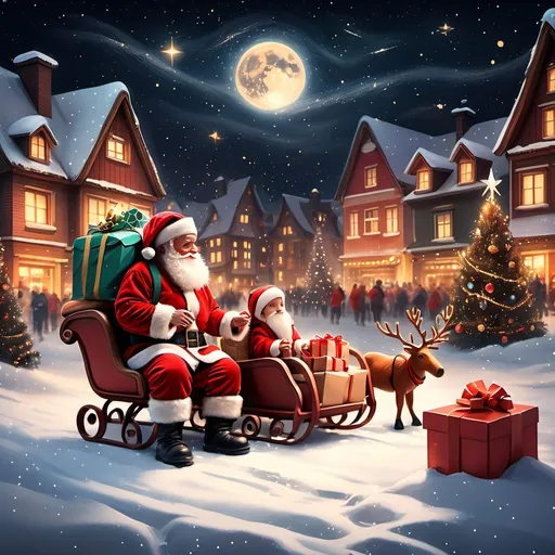 Prompt: Santa Claus delivers gifts to children under the starry night sky and snowy ground, surrounded by Christmas trees and the warm lights of busy streets.