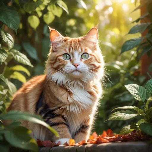 Prompt: (cat), beautifully detailed feline, soft fur, expressive eyes, playful pose, vibrant background of lush greenery, warm sunlight filtering through leaves, cheerful ambiance, ultra-detailed realism, high quality, cinematic depth, natural charm, inviting atmosphere, the essence of curiosity and whimsy.