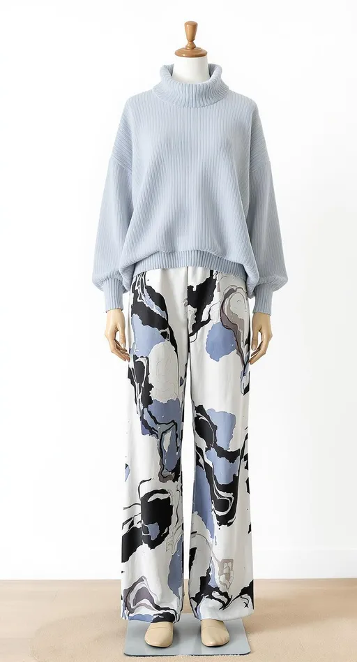 Prompt: A stylish outfit is modeled on a mannequin, showcasing a soft, ribbed, light blue top with an oversized collar and a modest neckline, paired with loose, flowing trousers adorned with an abstract print featuring swirling black and blue shapes against a white background. The serene color palette of the top contrasts elegantly with the bold, artistic design of the pants, creating a visually striking combination. The mannequin stands against a plain white backdrop, emphasizing the textures and colors of the garments. The overall composition conveys a modern, fashionable vibe, suitable for casual yet chic occasions, highlighting the beauty of contemporary, artistic fashion design.