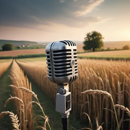 Prompt: A microphone and a beautiful landscape in the fields with a nostalgic touch