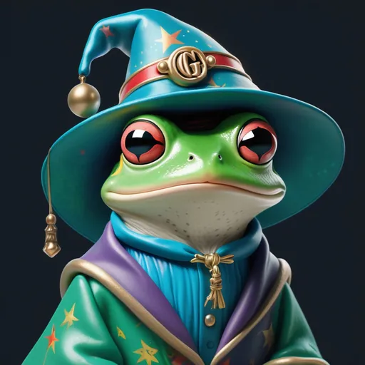 Prompt: Frog wearing a wizard hat, Picasso style,gucci clothes