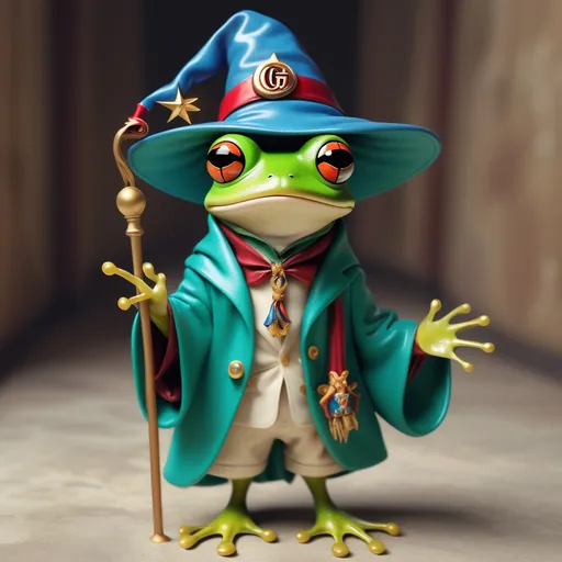 Prompt: Frog wearing a wizard hat, Picasso style,gucci clothes