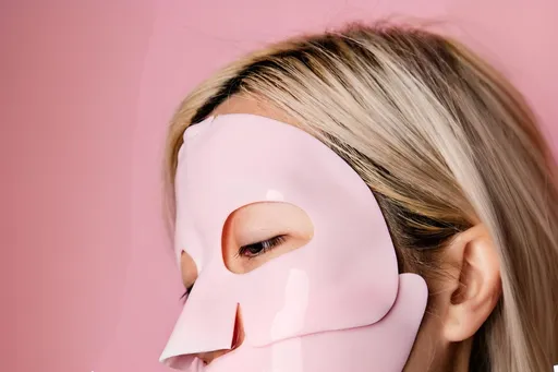 Prompt: a girl wearing a pink cyron rubber dr jart beauty mask 