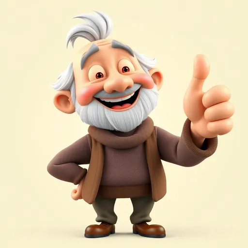 Prompt: Elderly cartoon character, happy and smiling with thumb up, 3D design, light background, successful human concept