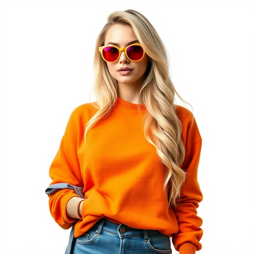 Prompt: 3Fashionable confident blonde woman wearing trendy orange sweatshirt, color sunglasses, posing on white background. Copy, empty space for text