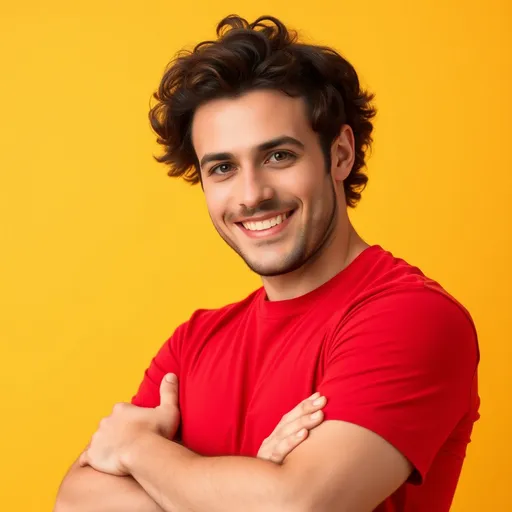 Prompt: Smiling attractive man with curly hair, dressed in red T-shirt, crossing his arms and looking at camera isolated on yellow background in studio