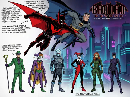 Prompt: Create A Concept Art From Batman Beyond: Across The Chase By Terry McGinnis/Batman Beyond Bruce Wayne/Batman Only Wears A Suit From Batman The Animated Series 1992  The Riddler Joker Jr Mr Freeze Harley Quinn/Poison Ivy/Catwoman Is Heroes Not Villain 