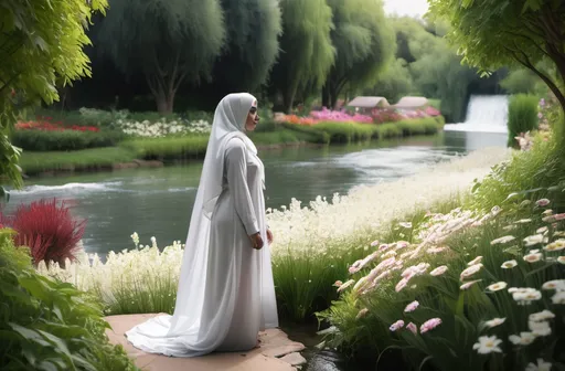 Prompt: A picture of a woman wearing a hijab and wearing a white veil, standing in a lush flower garden, coming from afar, and a river flows under her feet.