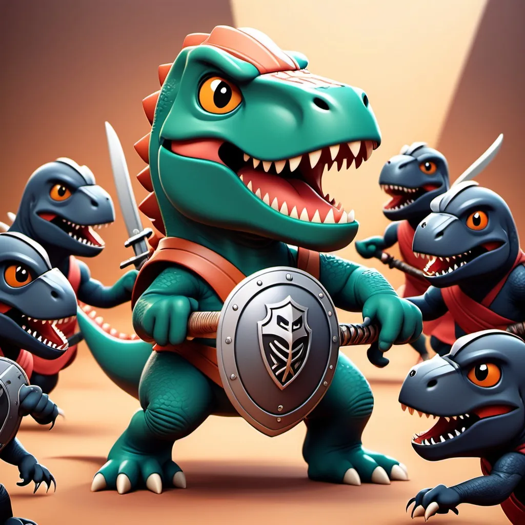 Prompt: Cartoon cute trex warrior with shield fighting against several ninja trex.
With the ninja lateral and facing back