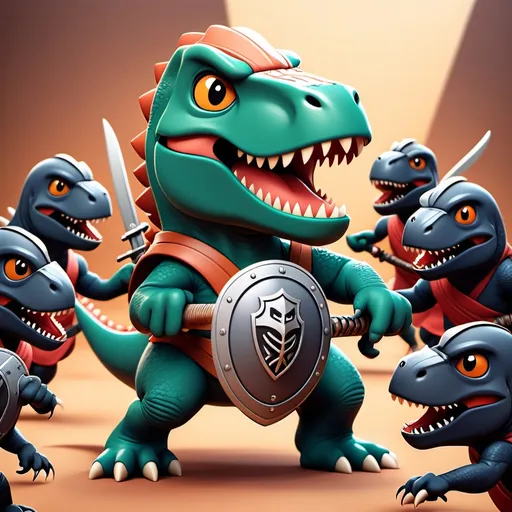 Prompt: Cartoon cute trex warrior with shield fighting against several ninja trex.
With the ninja lateral and facing back