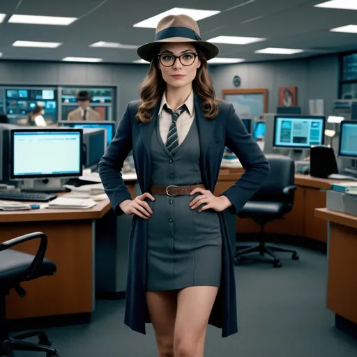 Prompt: Clara Kent fit thletic body, full image, full view, visible feet, thick geeky glasses, fedora hat, on the newsroom of the Daily Planet in metropolis