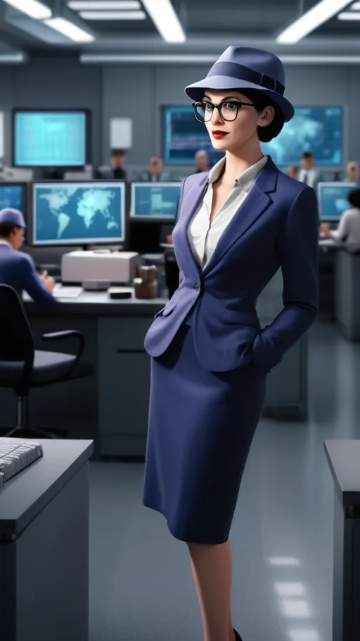 Prompt: Clara Kent with (athletic body), full image, full view, very very short black buzz cut hair, visible feet, big chest secretive.  wearing thick geeky glasses and a fedora hat, newsroom of the Daily Planet in Metropolis, photorealistic, high-quality ultra-detailed image, rich and vibrant colors with polished cool tones, cinematic lighting, professional and dynamic atmosphere, detailed background filled with bustling reporters and modern newsroom elements, 4K resolution.