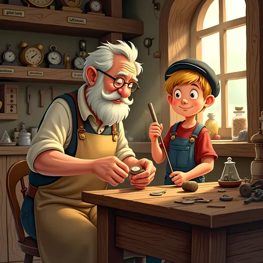 Prompt: disney style, Inside a cozy, warmly lit wooden watchmaker’s workshop deep in the Swiss Alps, a kind elderly man with white hair, a short beard, round glasses, and a long beige apron is seated at a wooden workbench, carefully repairing an old pocket watch with small tools. Next to him stands his 10-year-old grandson Leo — a curious blonde boy with a red shirt, blue overalls, and a dark flat cap. Leo watches with wide, fascinated eyes, holding a wooden stick in one hand. The shelves behind them are filled with tiny gears, vintage clocks, and labeled drawers. Soft sunlight streams through a window, highlighting dust in the air. The atmosphere is warm, detailed, and in a hand-drawn children’s book illustration style