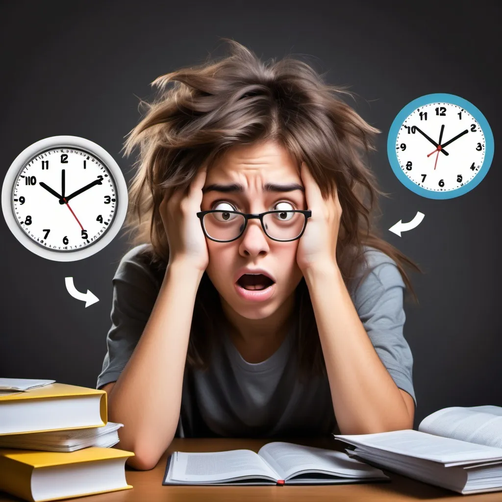 Prompt: "Create an emoji of a student looking exhausted but determined after studying for 24 hours straight for exams. The student should have messy hair, tired eyes with bags under them, and be holding a thick textbook. They should be surrounded by coffee cups, papers, and notes, and there should be a clock showing the time ticking away, indicating the long study hours."