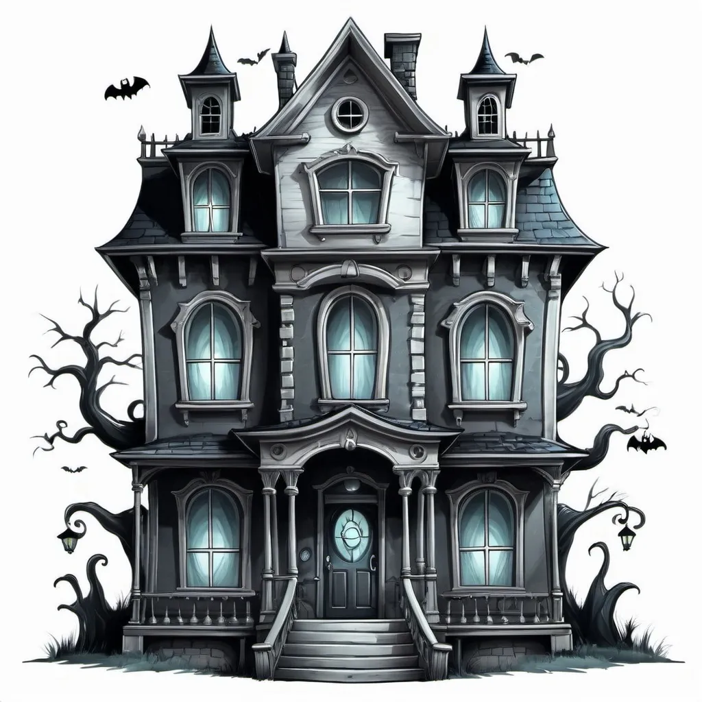 Prompt: draw a whimsical cartoon haunted house with a white background, large windows, front facing and wide

