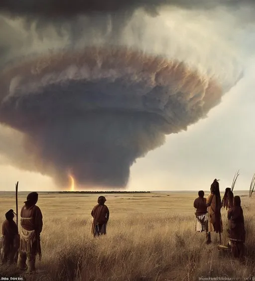 Prompt: Native Americans on Great Plains watching a tornado storm from a distance, as a realistic photo.