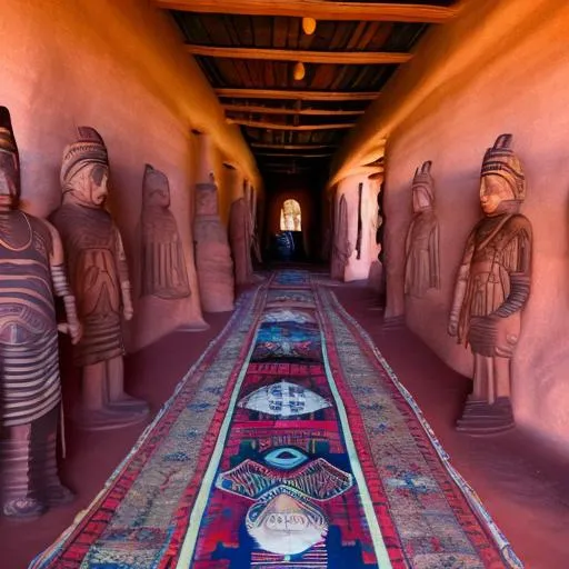 Prompt: Long hallway in southern Utah with native carvings, and a shaman.