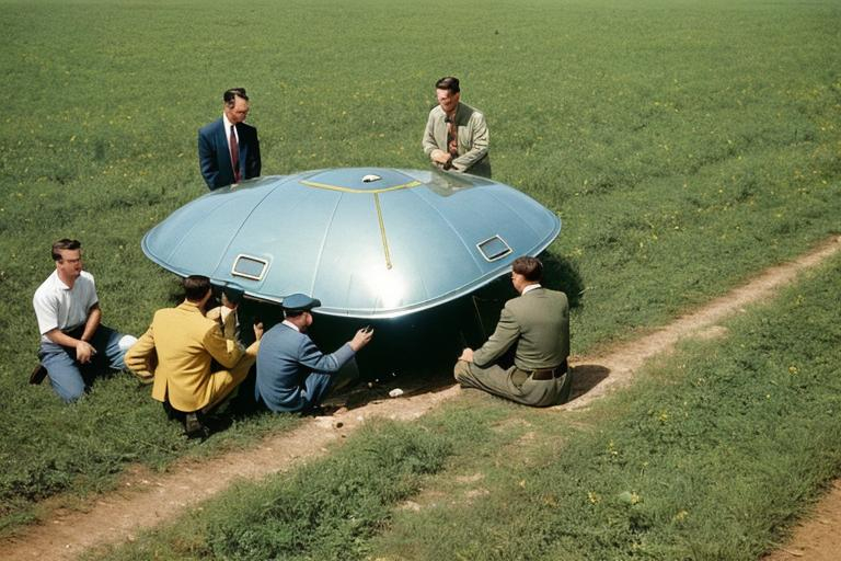 Prompt: CIA and the 1950s discovering a crash landing in a field containing small debris from an alien spacecraft.