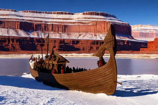 Prompt: 
Ancient Nordic Viking arriving in Moab in the winter by a Viking ship in the Colorado river.